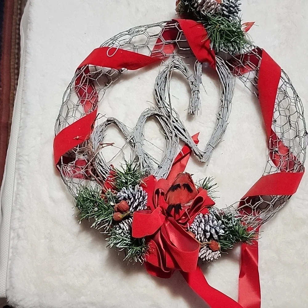 Festive Red and Green Holiday Wreath-- Wire Circle.